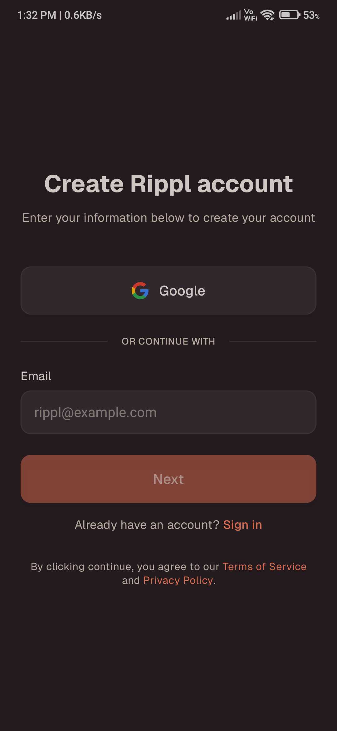 Registration Screen showing Email input and Google Sign-in Option - Mobile View